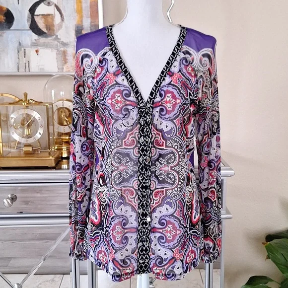 INC Sheer Lace Up Purple Paisley V Neck Top Large - Picture 1 of 5